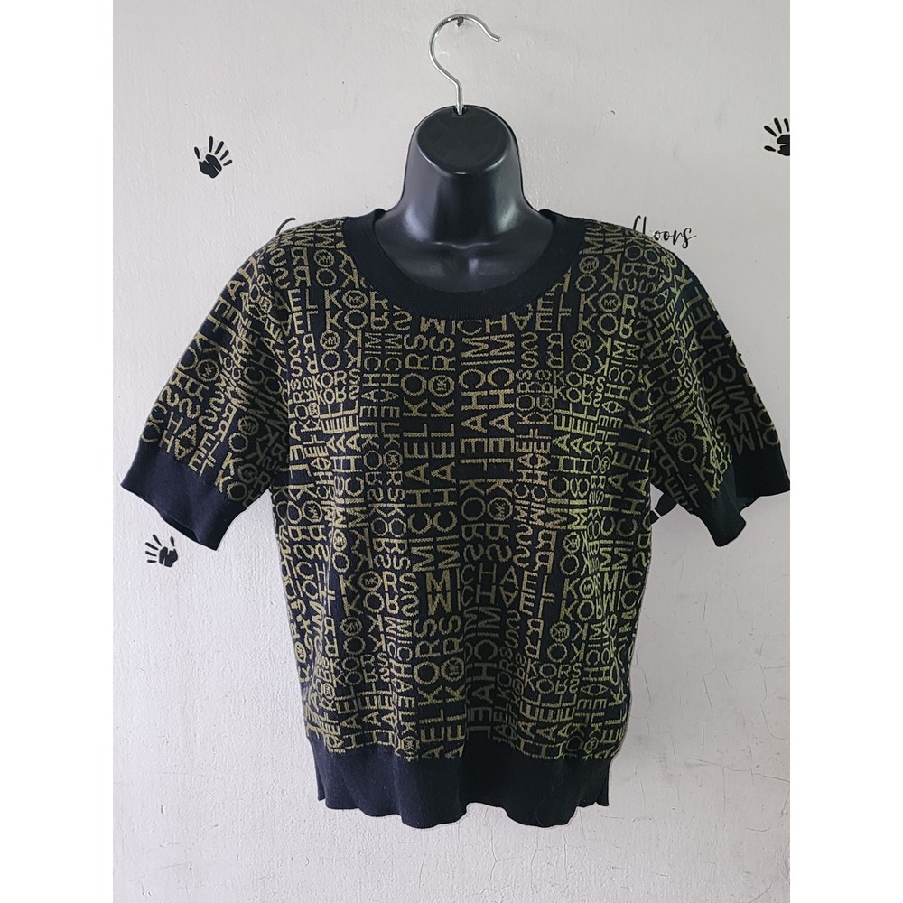 Michael Kors Women Black Gold Metallic All Over Logo Short Sleeve Knit Sweater M